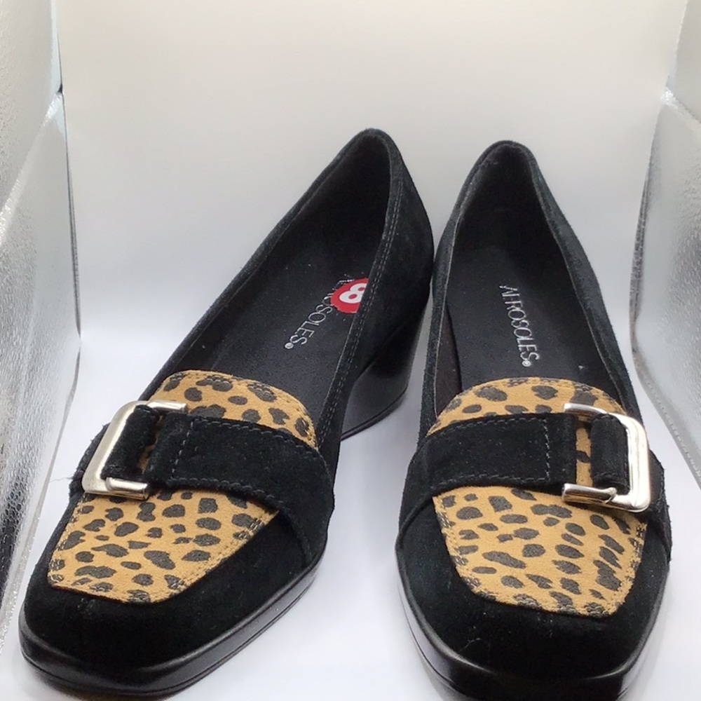 Aerosoles Temptress cheetah wedge leather slip on, 8.5M, NWOT, never worn.